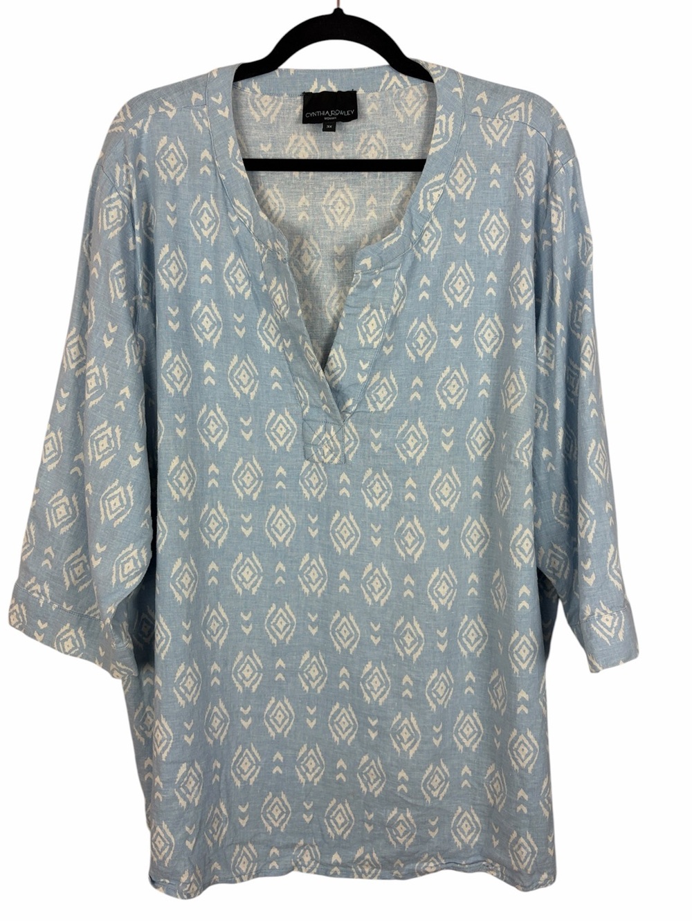 Cynthia Rowley Woman 3X Linen Blend Tunic Top Blue White Ikat Boho Plus Size